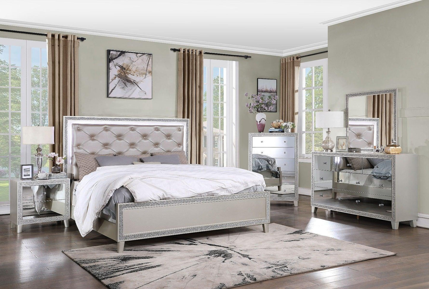 ACME Sliverfluff California King Bed w/Storage, PU & Champagne Finish FredCo