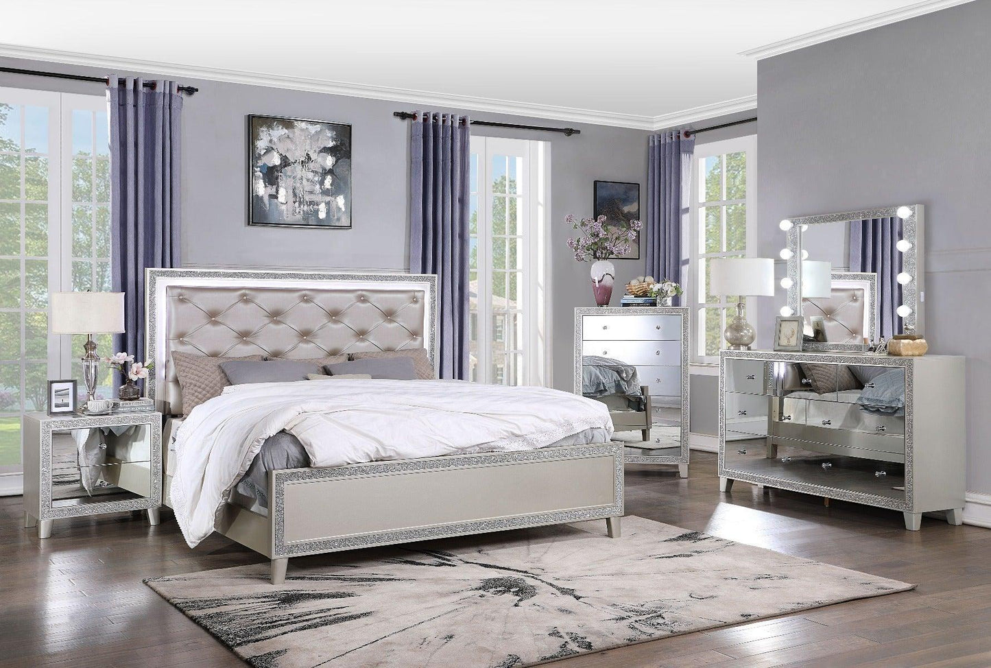 ACME Sliverfluff California King Bed w/Storage, PU & Champagne Finish FredCo