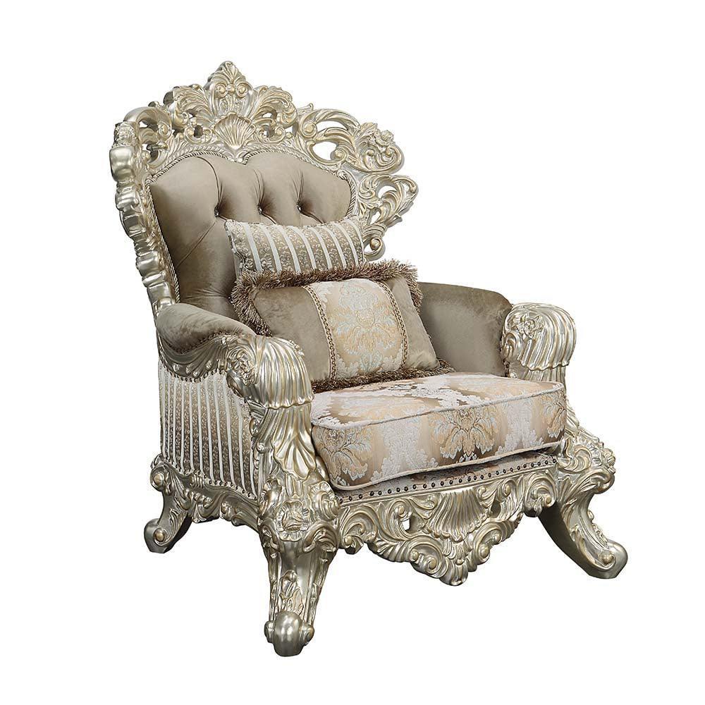 ACME Sorina Chair w/2 Pillows, Velvet, Fabric & Antique Gold Finish FredCo