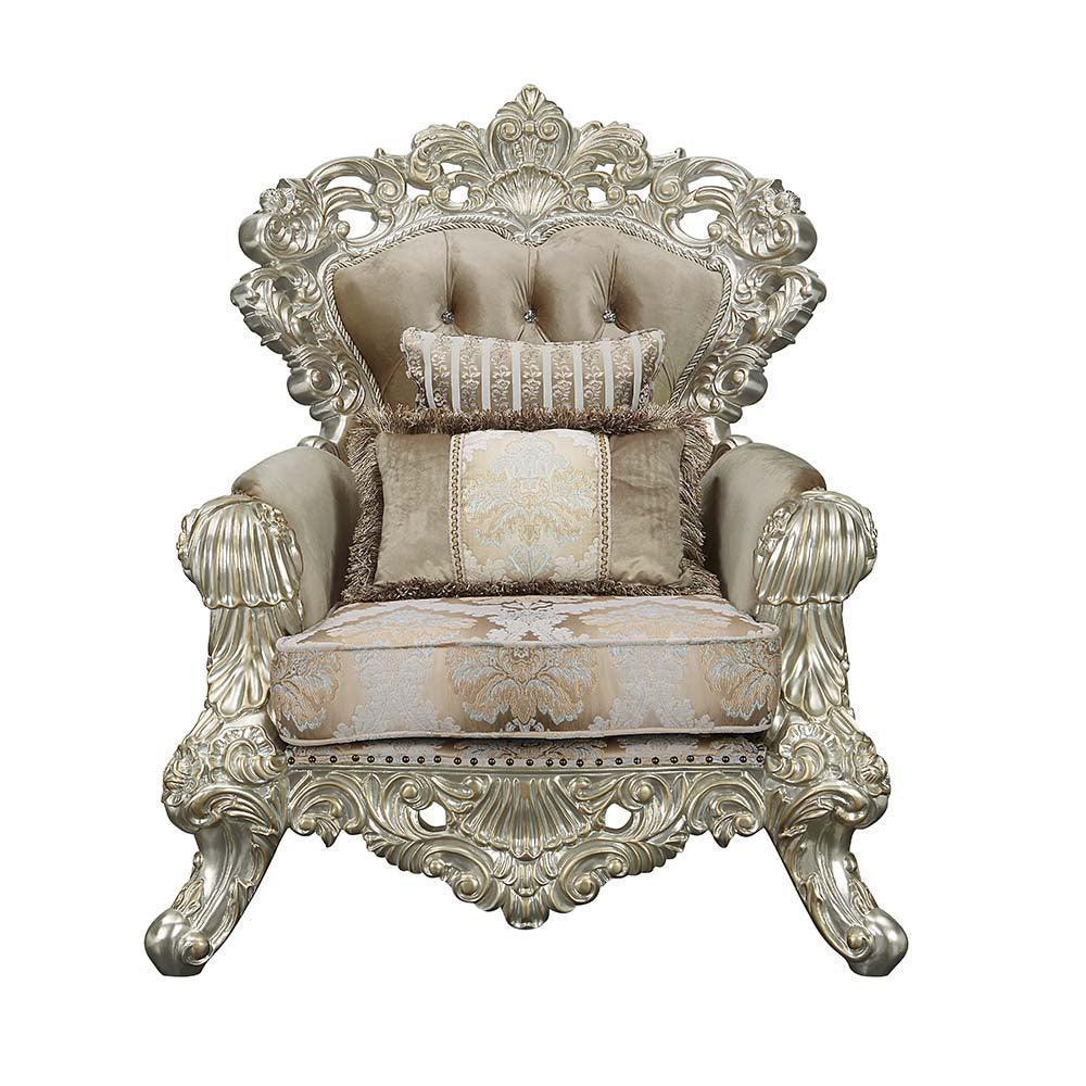 ACME Sorina Chair w/2 Pillows, Velvet, Fabric & Antique Gold Finish FredCo