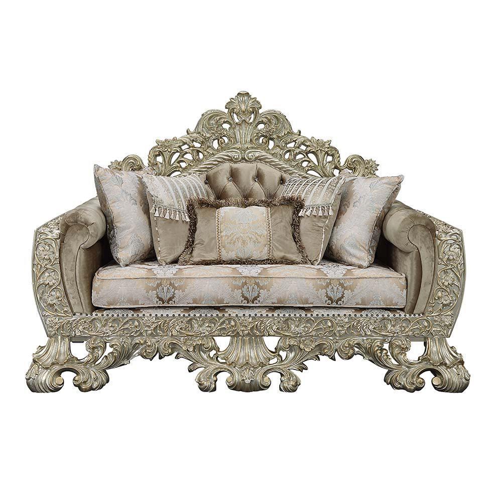 ACME Sorina Loveseat w/5 Pillows, Velvet, Fabric & Antique Gold Finish FredCo