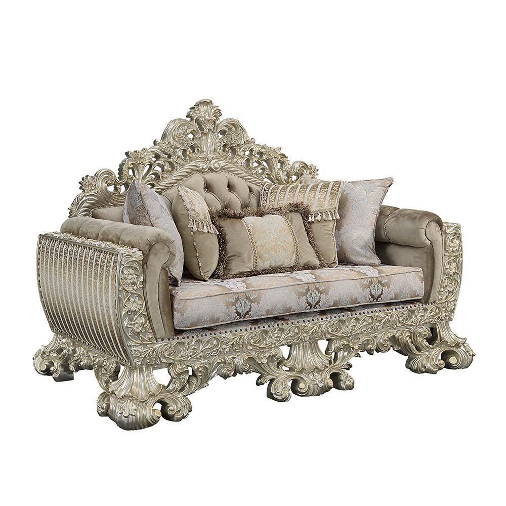 ACME Sorina Loveseat w/5 Pillows, Velvet, Fabric & Antique Gold Finish FredCo