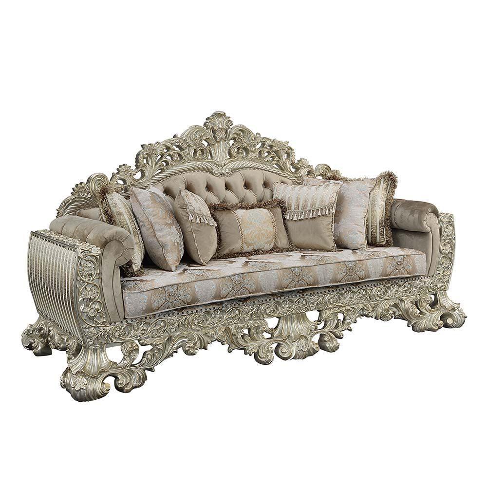 ACME Sorina Sofa w/7 Pillows, Velvet, Fabric & Antique Gold Finish FredCo