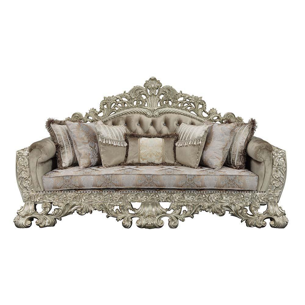 ACME Sorina Sofa w/7 Pillows, Velvet, Fabric & Antique Gold Finish FredCo