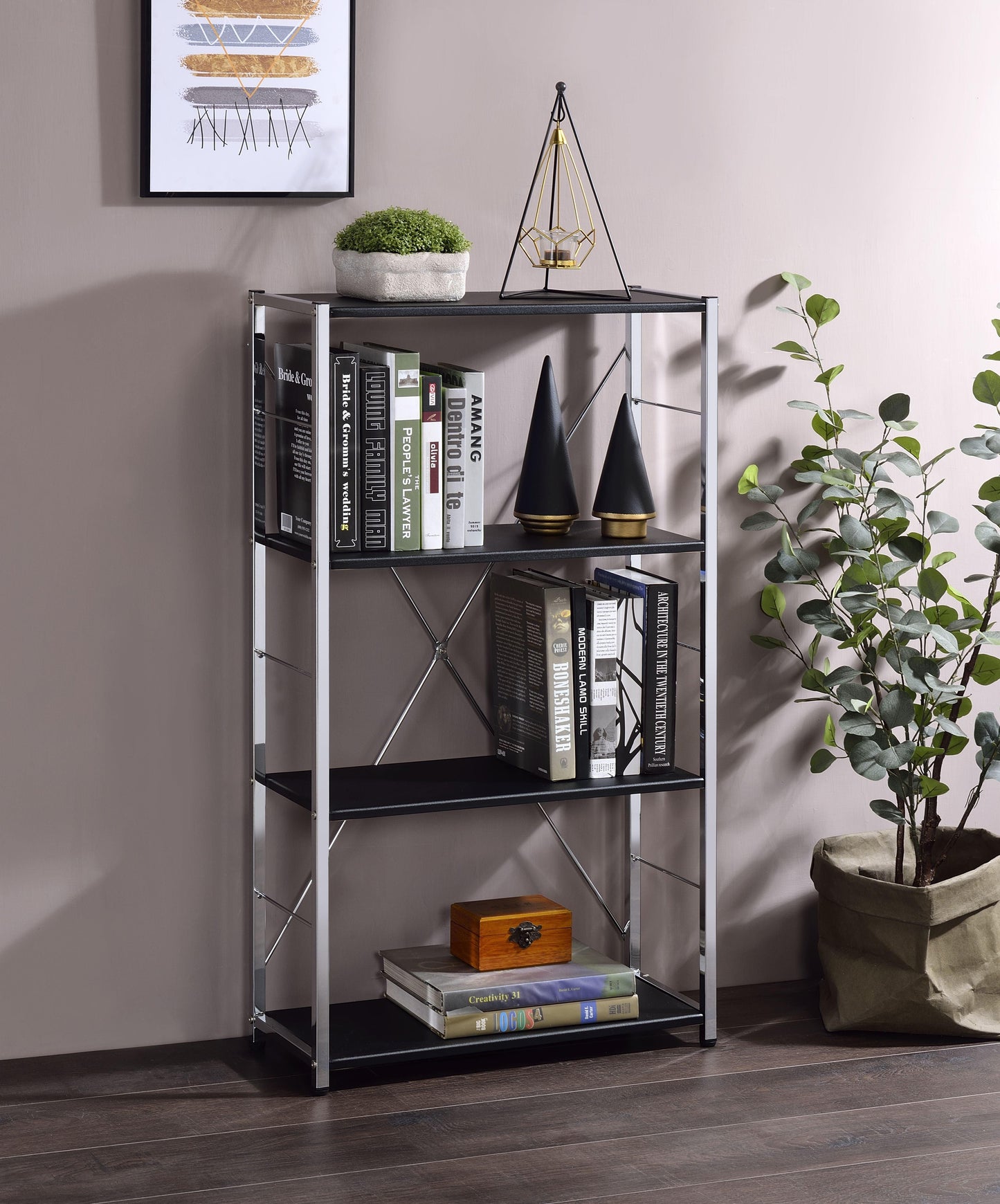 ACME Tennos Bookshelf, Black & Chrome Finish FredCo