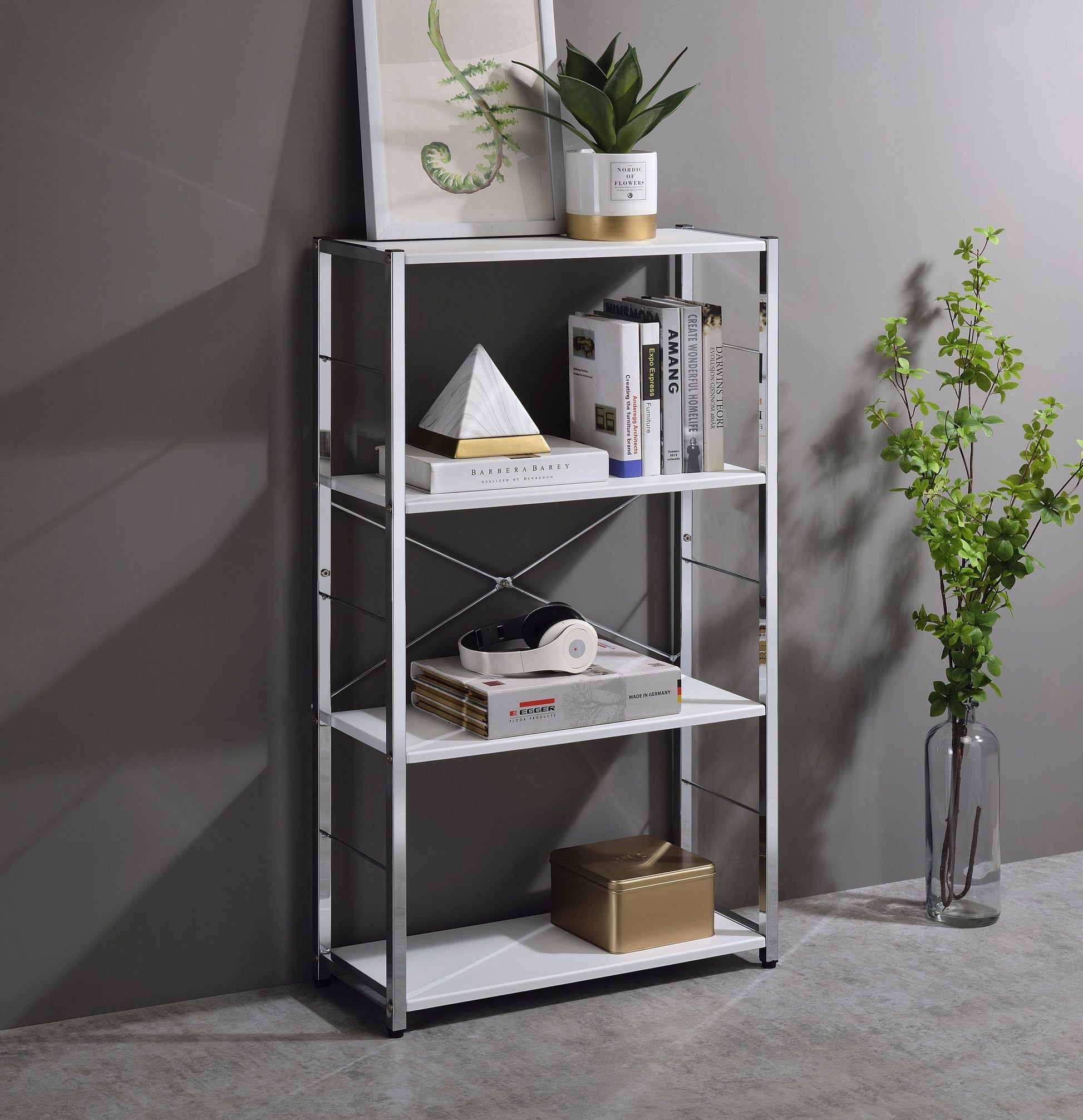 ACME Tennos Bookshelf, White & Chrome Finish FredCo