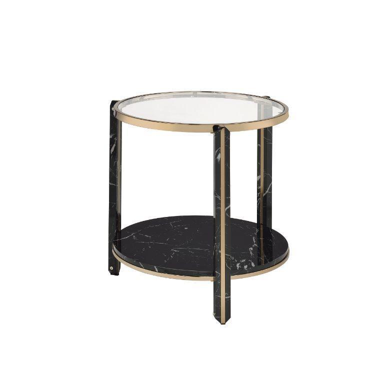 ACME Thistle End Table, Clear Glass, Faux Black Marble & Champagne Finish FredCo