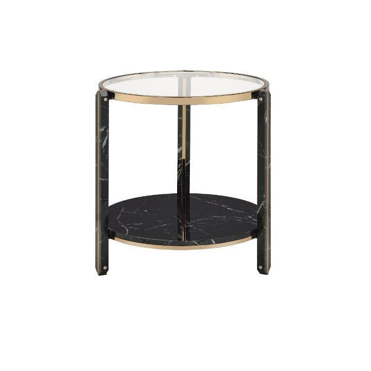 ACME Thistle End Table, Clear Glass, Faux Black Marble & Champagne Finish FredCo