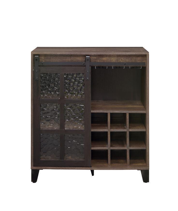 ACME Treju Wine Cabinet, Obscure Glass, Rustic Oak & Black Finish FredCo