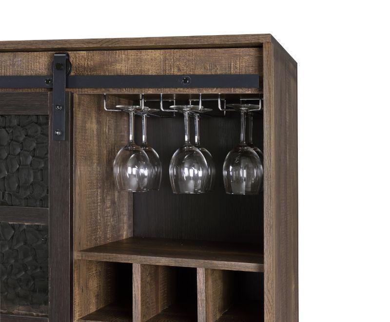 ACME Treju Wine Cabinet, Obscure Glass, Rustic Oak & Black Finish FredCo