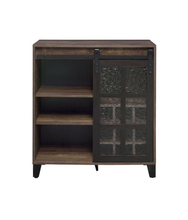 ACME Treju Wine Cabinet, Obscure Glass, Rustic Oak & Black Finish FredCo