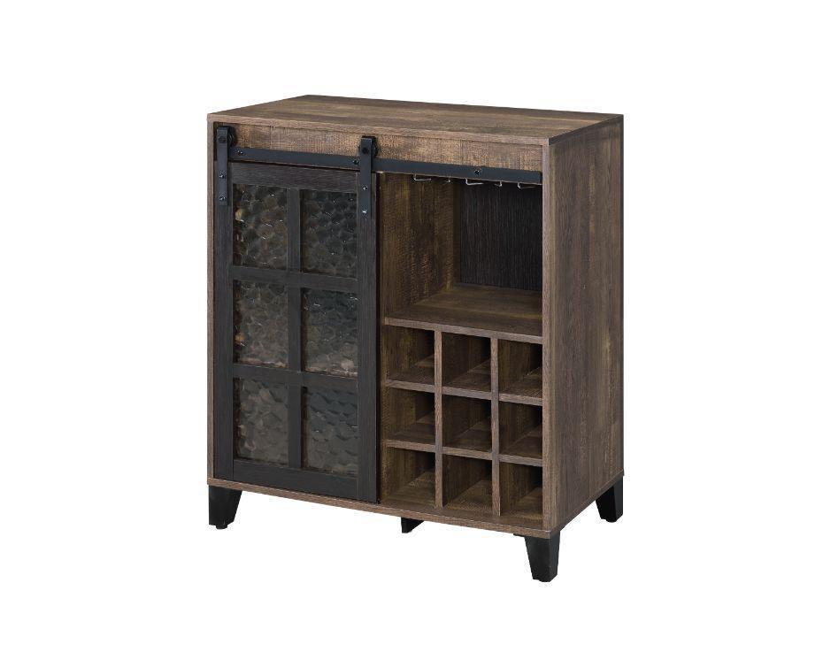 ACME Treju Wine Cabinet, Obscure Glass, Rustic Oak & Black Finish FredCo