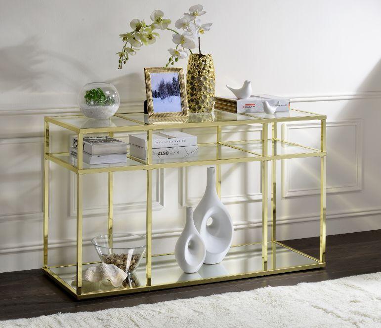 ACME Uchenna Sofa Table, Clear Glass & Gold Finish FredCo