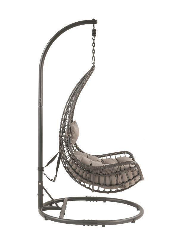 ACME Uzae Patio Hanging Chair with Stand, Gray Fabric & Charcoal Wicker FredCo