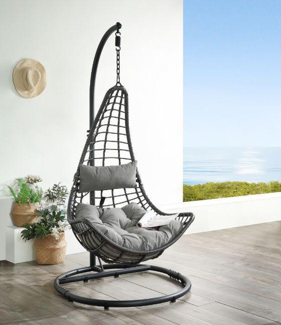 ACME Uzae Patio Hanging Chair with Stand, Gray Fabric & Charcoal Wicker FredCo