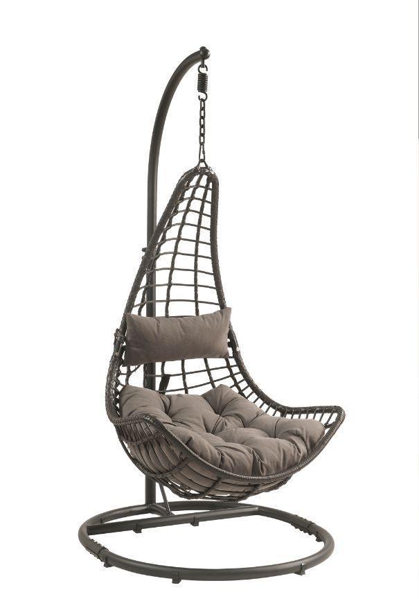 ACME Uzae Patio Hanging Chair with Stand, Gray Fabric & Charcoal Wicker FredCo