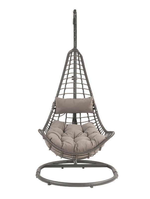 ACME Uzae Patio Hanging Chair with Stand, Gray Fabric & Charcoal Wicker FredCo
