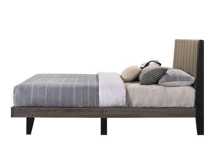 ACME Valdemar Queen Bed, Brown Fabric & Weatheted Gray Finish FredCo