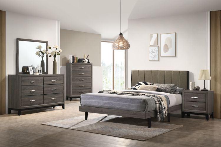 ACME Valdemar Queen Bed, Brown Fabric & Weatheted Gray Finish FredCo