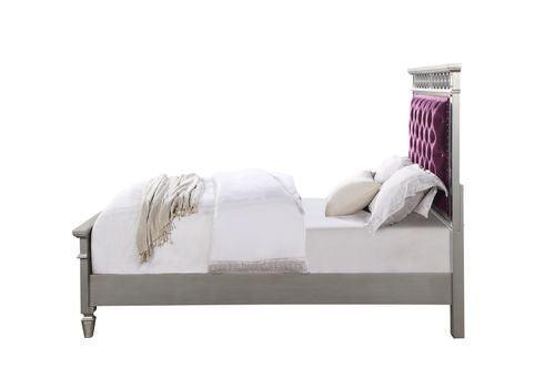 ACME Varian Full Bed, Burgundy Velvet, Silver & Mirrored Finish FredCo