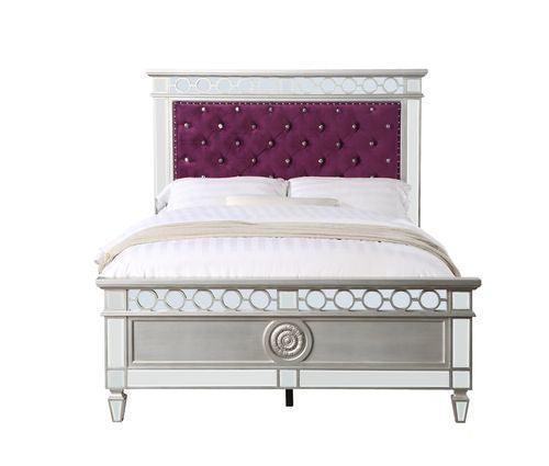 ACME Varian Full Bed, Burgundy Velvet, Silver & Mirrored Finish FredCo