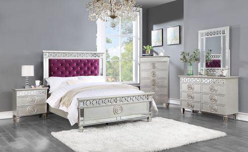 ACME Varian Full Bed, Burgundy Velvet, Silver & Mirrored Finish FredCo