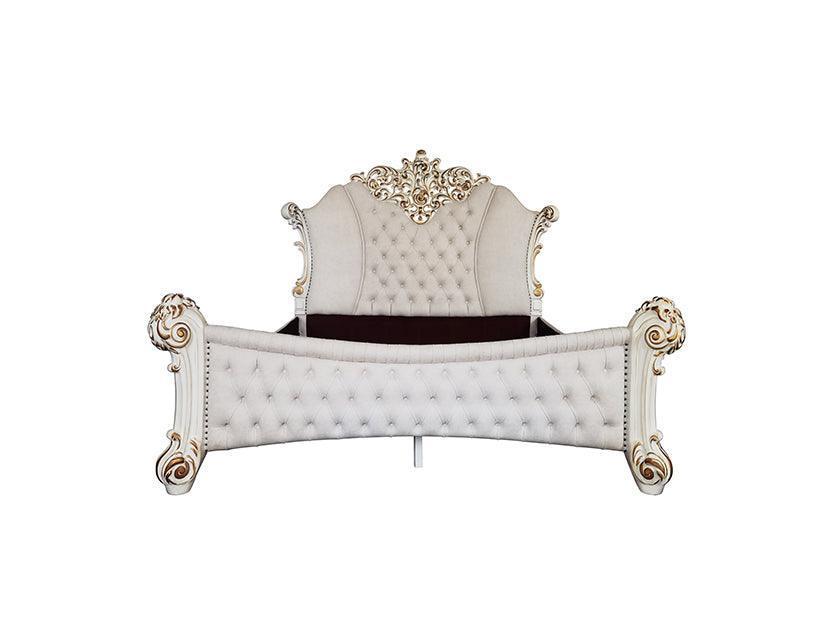 ACME Vendom California King Bed, Two Tone Ivory Fabric & Antique Pearl Finish FredCo