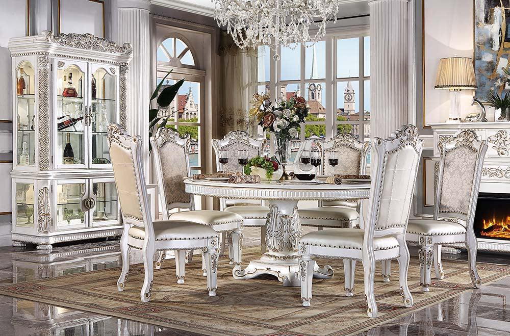 ACME Vendom Dining Table w/Pedestal (60"Dia), Antique Pearl Finish FredCo