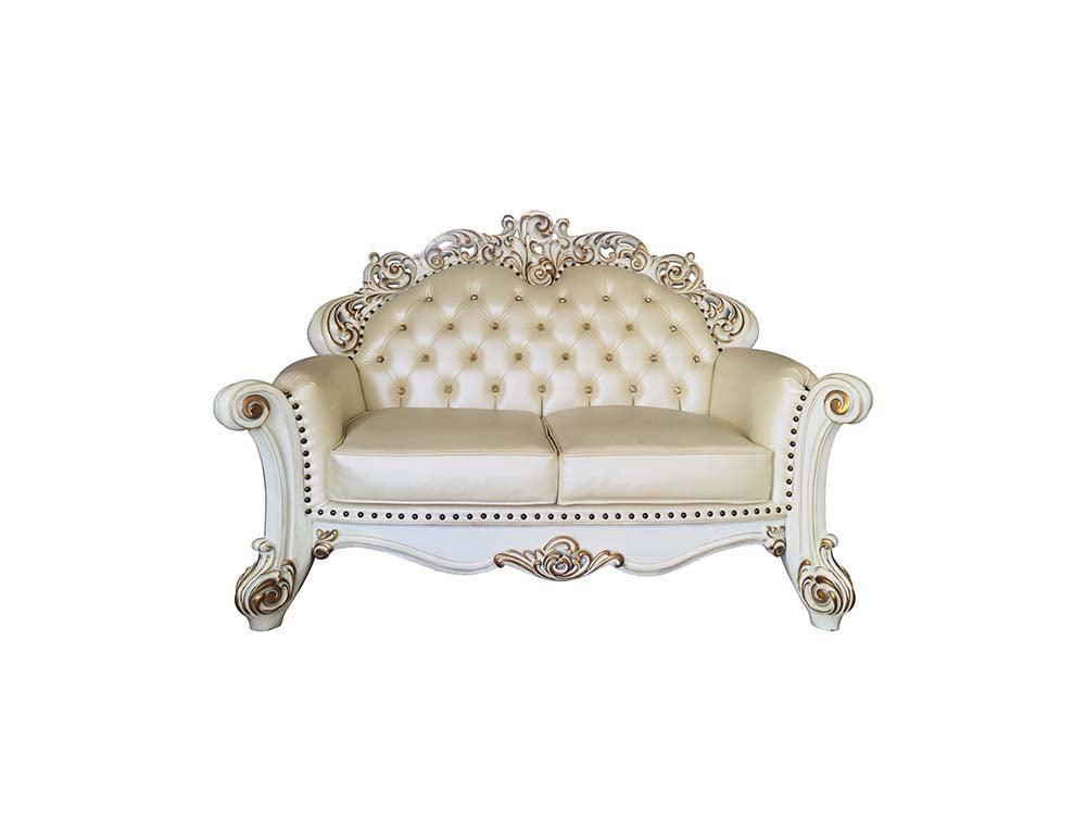 ACME Vendom Loveseat w/3 Pillows, Champagne PU & Antique Pearl Finsih FredCo