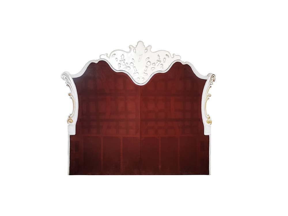 ACME Vendom Queen Bed, Two Tone Ivory Fabric & Antique Pearl Finish FredCo