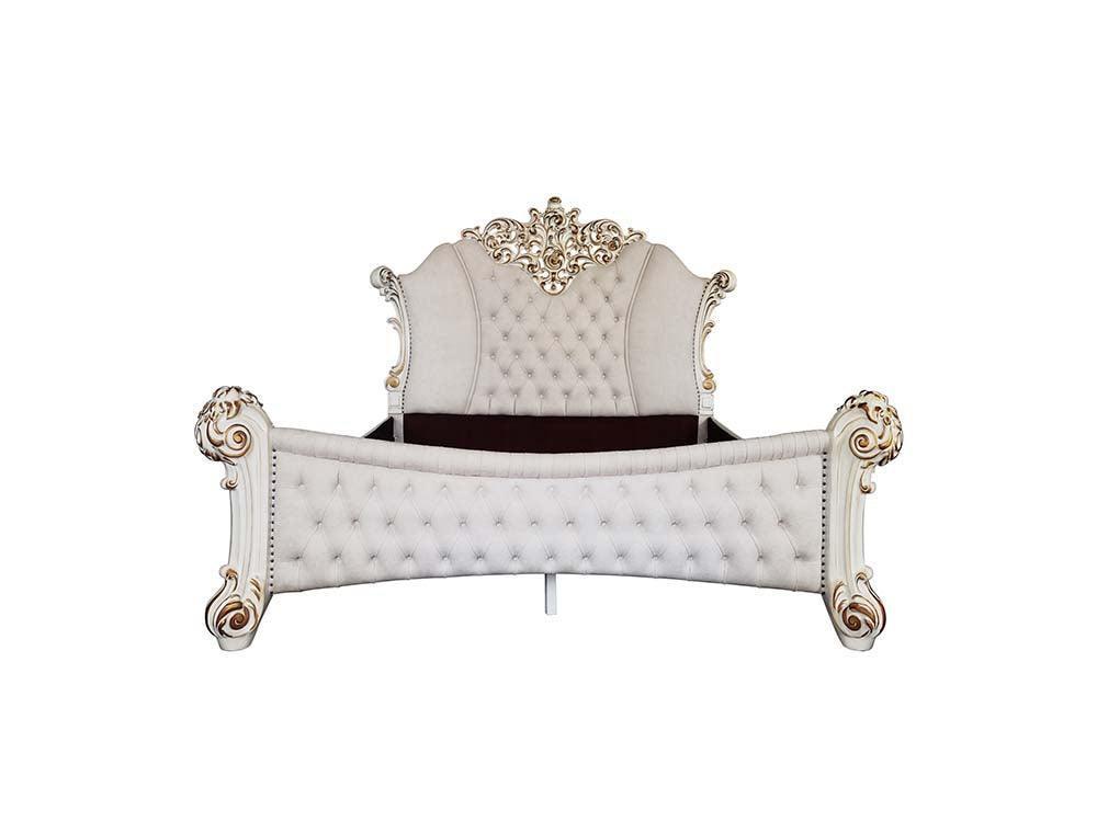 ACME Vendom Queen Bed, Two Tone Ivory Fabric & Antique Pearl Finish FredCo