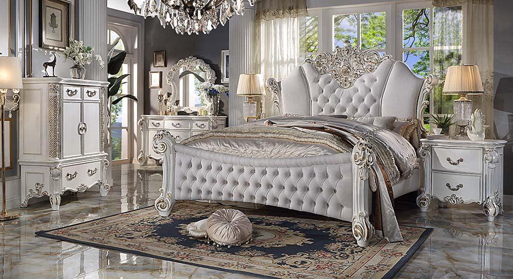 ACME Vendom Queen Bed, Two Tone Ivory Fabric & Antique Pearl Finish FredCo