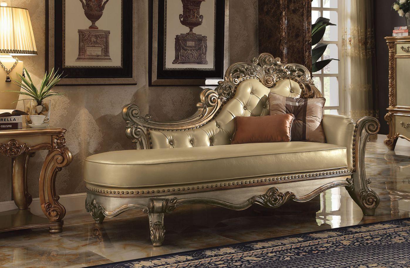 ACME Vendome Chaise w/2 Pillows, Bone PU & Gold Patina FredCo
