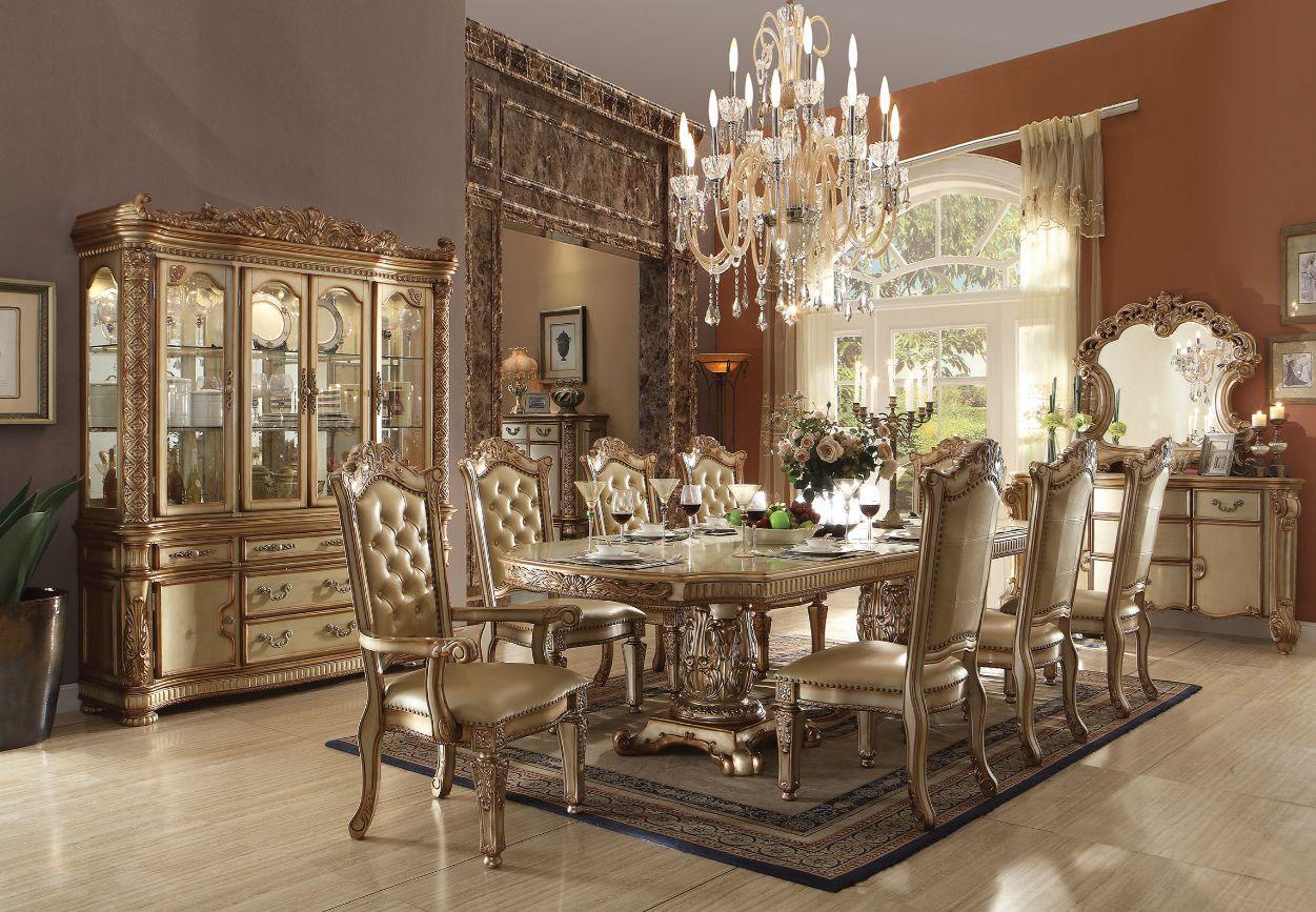 ACME Vendome Dining Table w/Double Pedestal, Gold Patina & Bone 120" 63000 FredCo
