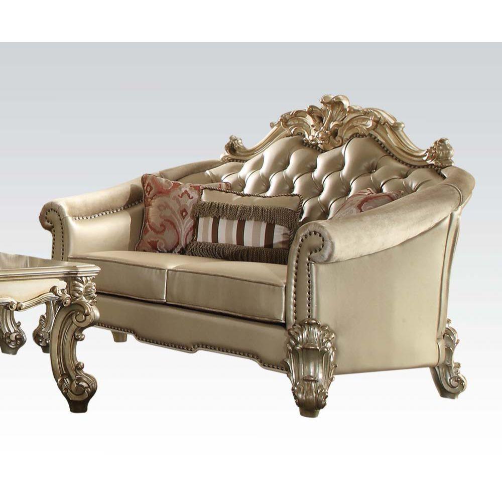 ACME Vendome II Loveseat w/3 Pillows, Bone PU & Gold Patina FredCo