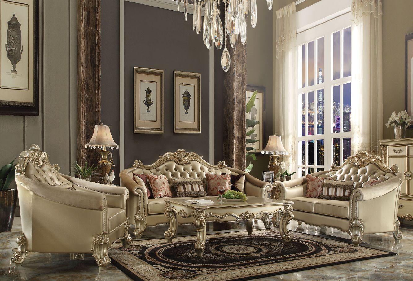 ACME Vendome II Sofa w/5 Pillows, Bone PU & Gold Patina FredCo