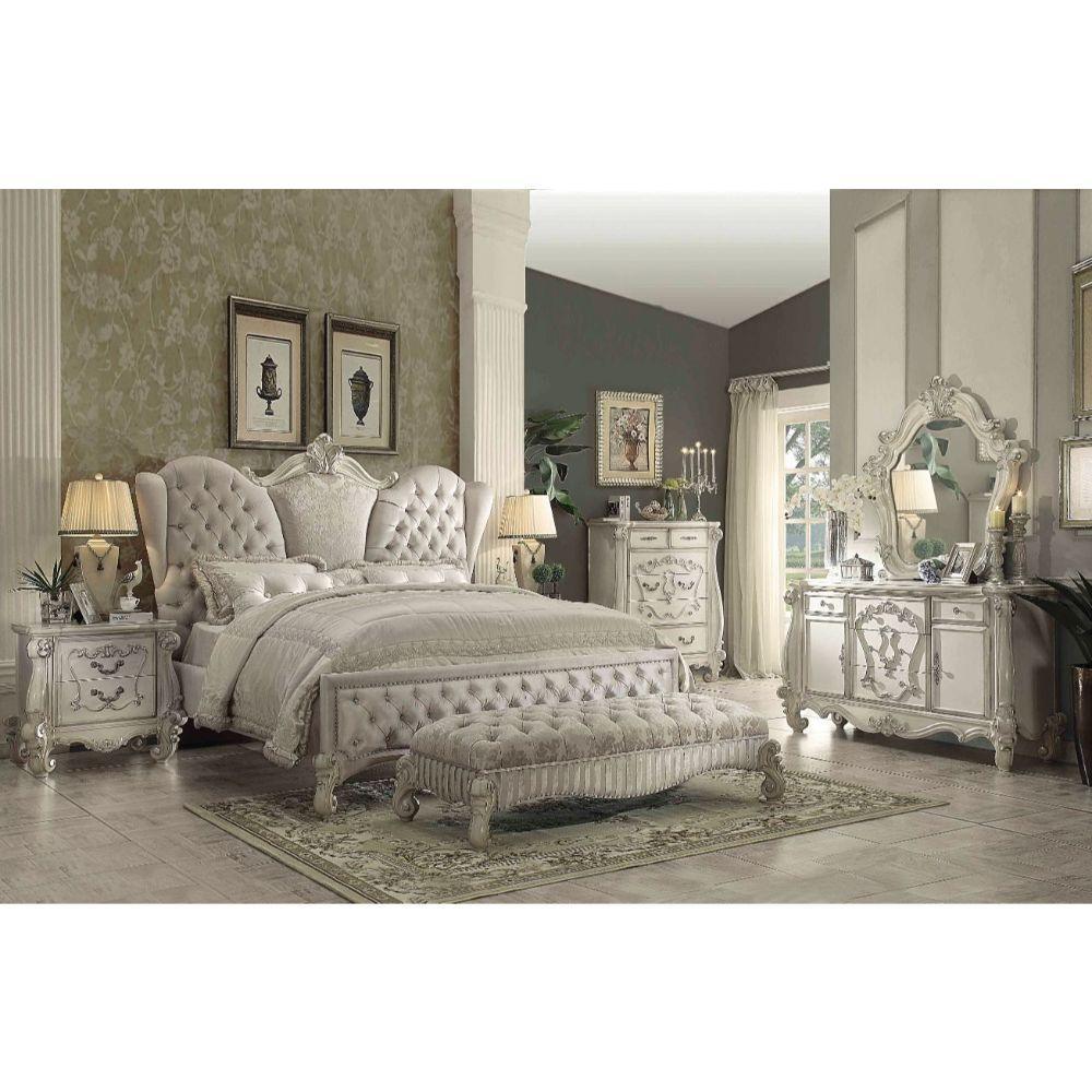 ACME Versailles California King Bed, Ivory Fabric & Bone White 21124CK FredCo
