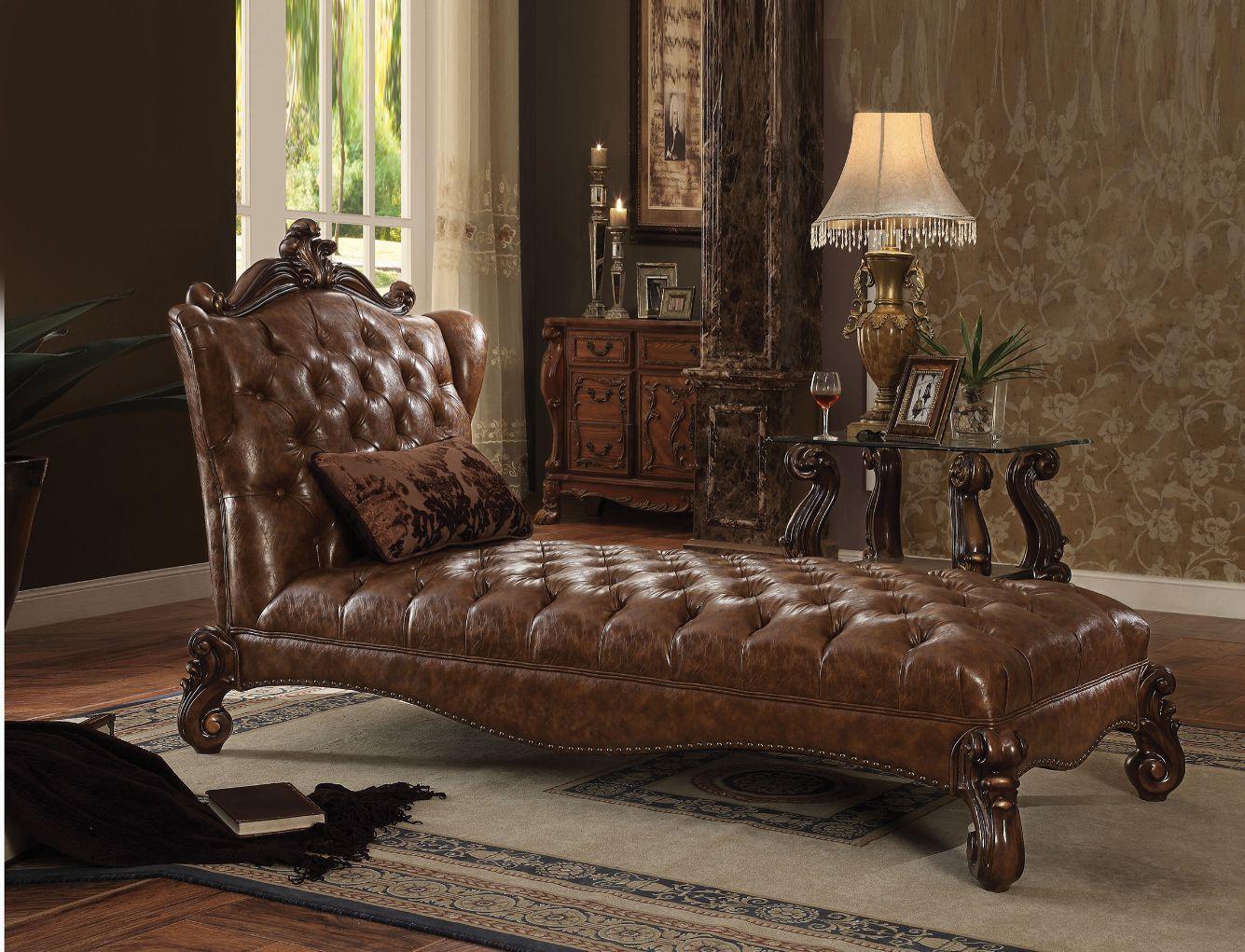 ACME Versailles Chaise w/1 Pillow, 2-Tone Light Brown PU & Cherry Oak FredCo