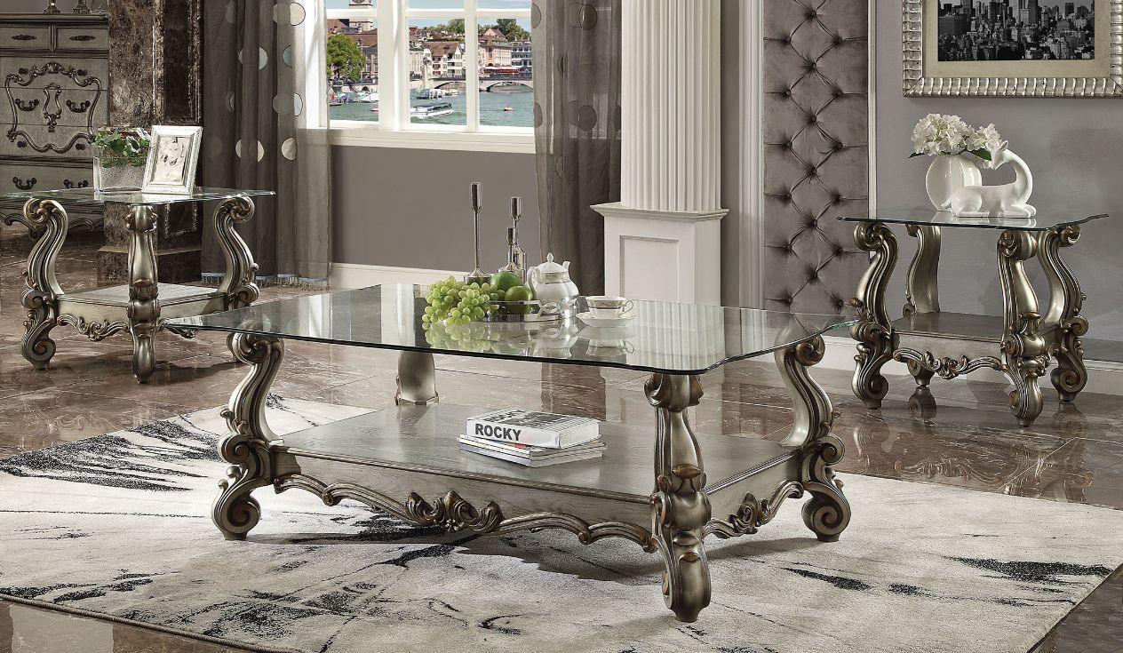 ACME Versailles Coffee Table, Antique Platinum & Clear Glass | FredCo