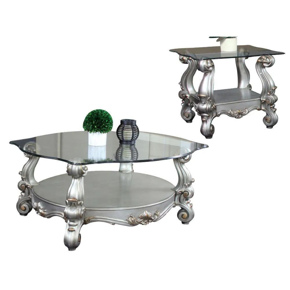 ACME Versailles Coffee Table, Antique Platinum & Clear Glass 86845 FredCo