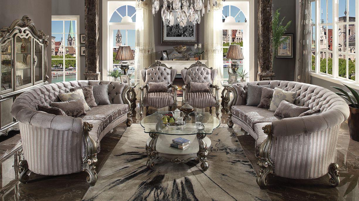 ACME Versailles Round Sofa w/5 Pillows, Velvet & Antique Platinum FredCo