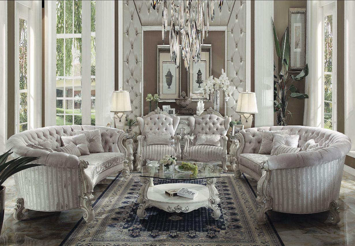 ACME Versailles Sofa w/5 Pillows Round, Ivory Fabric & Bone White FredCo