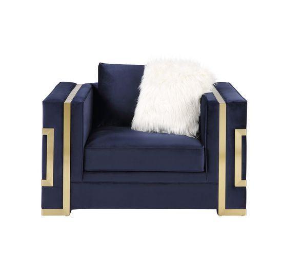 ACME Virrux Chair w/2Pillows, Blue Velvet & Gold Finish FredCo