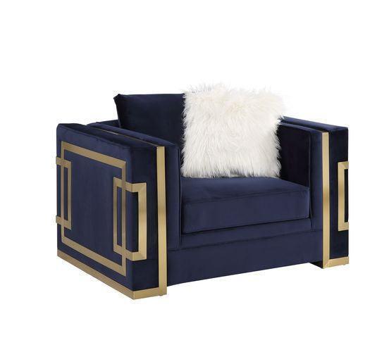 ACME Virrux Chair w/2Pillows, Blue Velvet & Gold Finish FredCo