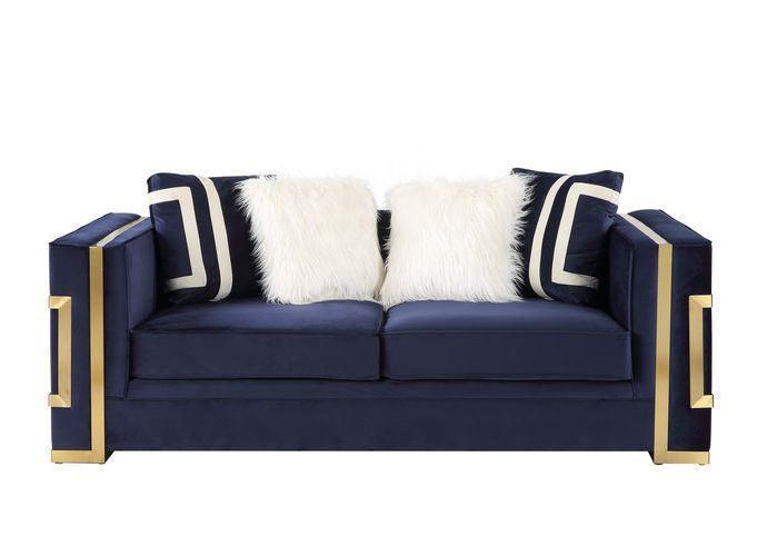 ACME Virrux Loveseat w/4Pillows, Blue Velvet & Gold Finish FredCo