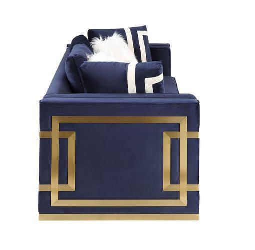 ACME Virrux Loveseat w/4Pillows, Blue Velvet & Gold Finish FredCo