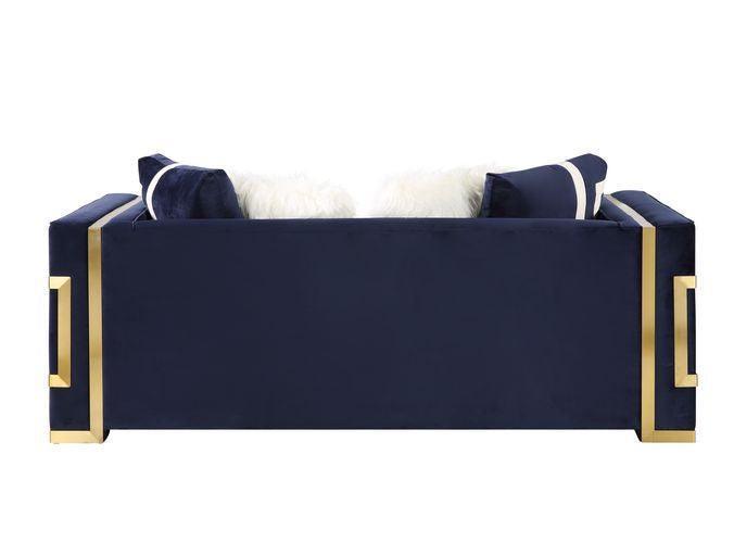 ACME Virrux Loveseat w/4Pillows, Blue Velvet & Gold Finish FredCo