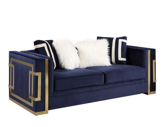 ACME Virrux Loveseat w/4Pillows, Blue Velvet & Gold Finish FredCo