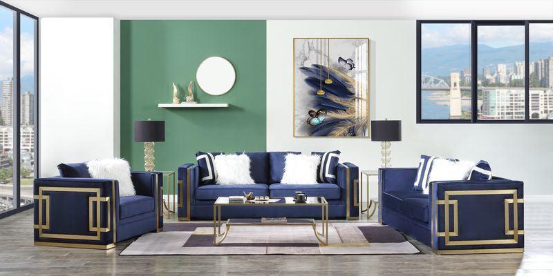 ACME Virrux Loveseat w/4Pillows, Blue Velvet & Gold Finish FredCo