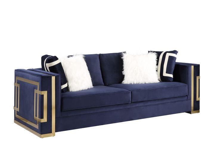 ACME Virrux Sofa w/6Pillows, Blue Velvet & Gold Finish FredCo